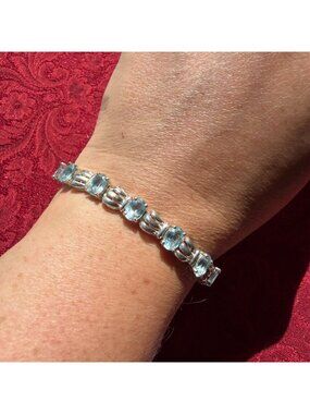Vintage 925 Sterling Silver Blue Topaz Tennis Bracelet Oval Art Deco Revival 8"